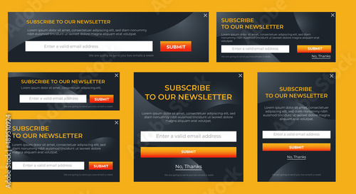 Set of Email Subscribe Newsletter pop up template design. Submit form for website email letter banner.
