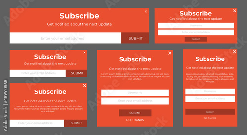 Set of Email Subscribe Newsletter pop up template design. Submit form for website email letter banner.
