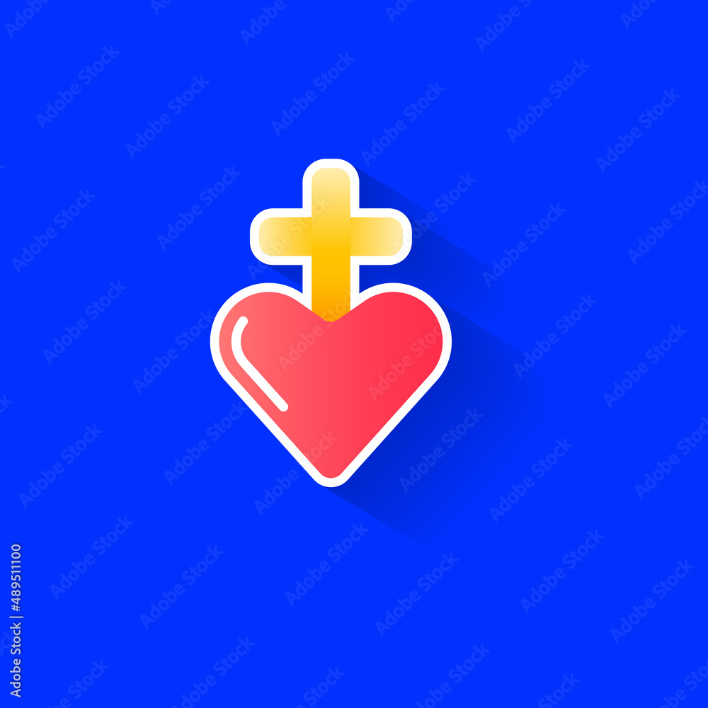 Obraz premium Flat illustration of a heart with a cross on a blue background This design represents love, faith, and religion The bright colors and minimalistic style make it perfect for modern religious themes