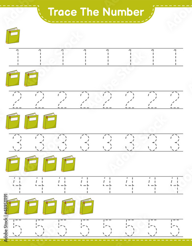 Trace the number. Tracing number with Book. Educational children game, printable worksheet, vector illustration
