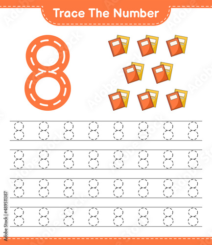Trace the number. Tracing number with Book. Educational children game, printable worksheet, vector illustration
