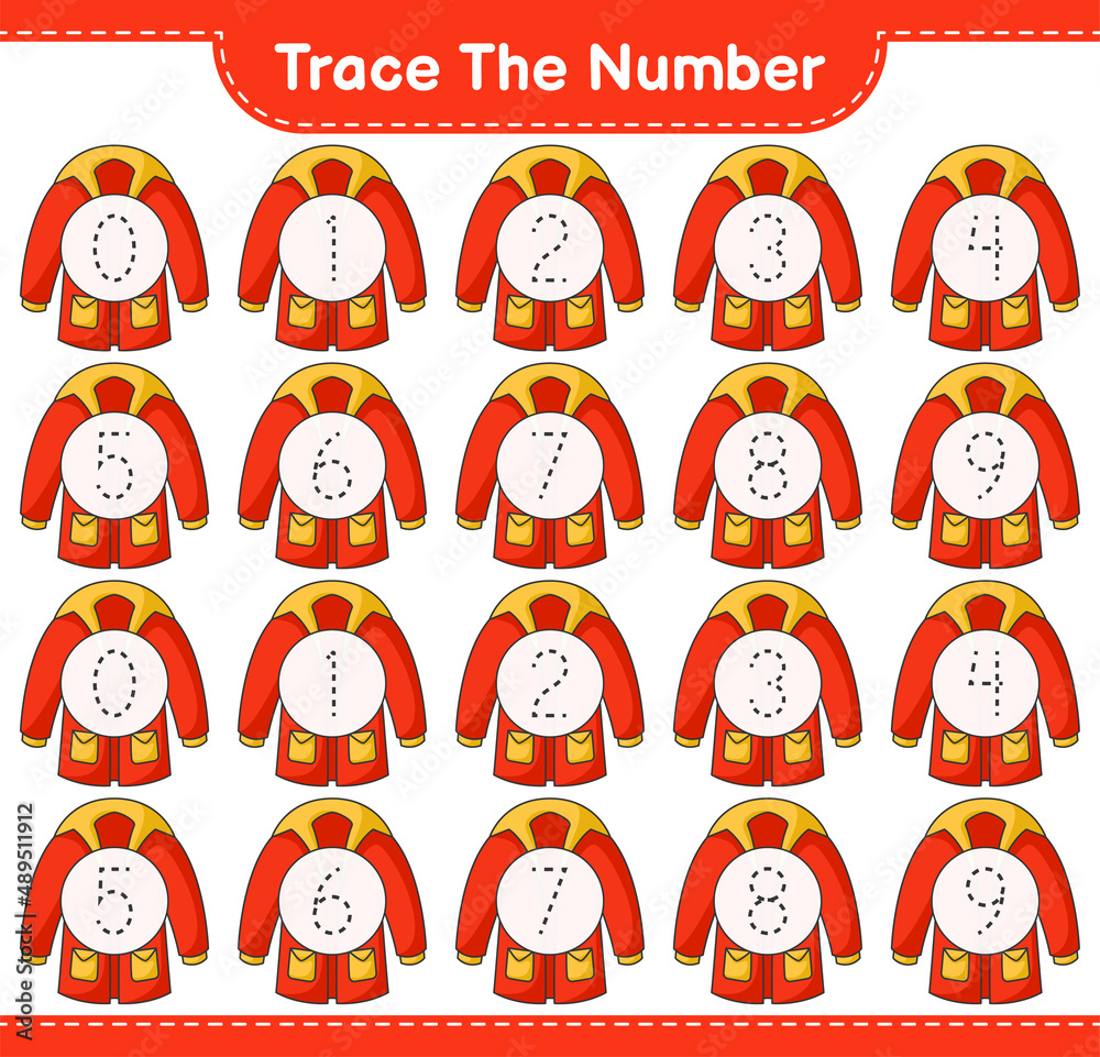 Trace the number. Tracing number with Warm Clothes. Educational children game, printable worksheet, vector illustration Trace the number. Tracing number with Warm Clothes. Educational children game, printable worksheet, vector illustration