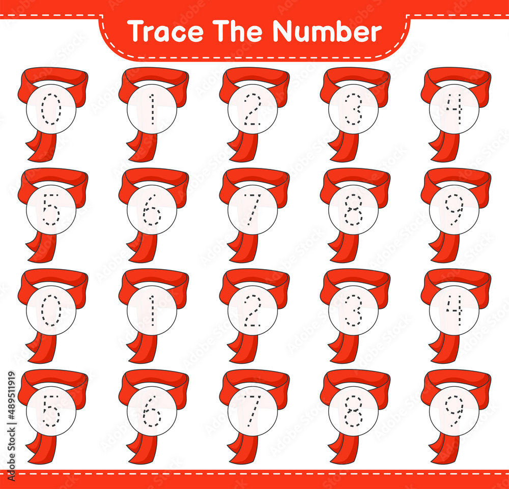 Trace the number. Tracing number with Scarf. Educational children game, printable worksheet, vector illustration Trace the number. Tracing number with Scarf. Educational children game, printable worksheet, vector illustration