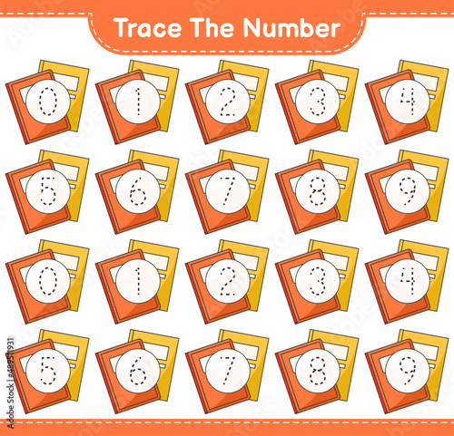 Trace the number. Tracing number with Book. Educational children game, printable worksheet, vector illustration