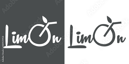Logo Juice bar. Banner con caligrafía Limón en español con letra O con forma de bebida de limón en fondo gris y fondo blanco