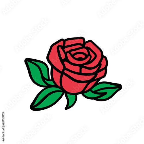 Vector red flat rose with green leaves on white background. Decorative illustration for print or tattoo