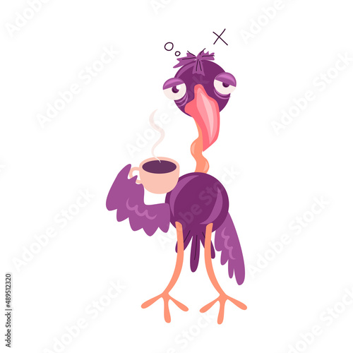 Tired bird with morning coffee. Character design, smiles, stickers for social networks. Isolated vector illustration. Sticker pack. t-shirt design. 