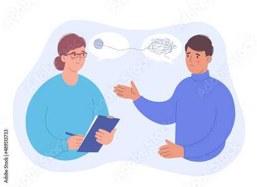 Psychotherapist and man patient. Session of psychotherapy. Psychological help and counseling, treatment of stress, addictions and mental problems.