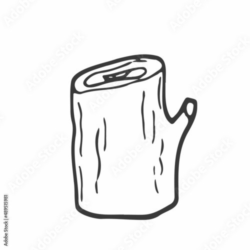 Wooden log, trunk, lumber elements, vector doodle. Chopped tree trunk outline. Firewood, boards, two logs with bark texture, line art. Year rings of a tree, close-up.