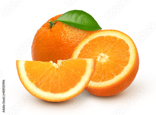 Orange with leaves and slice isolated on white background, cut out.
