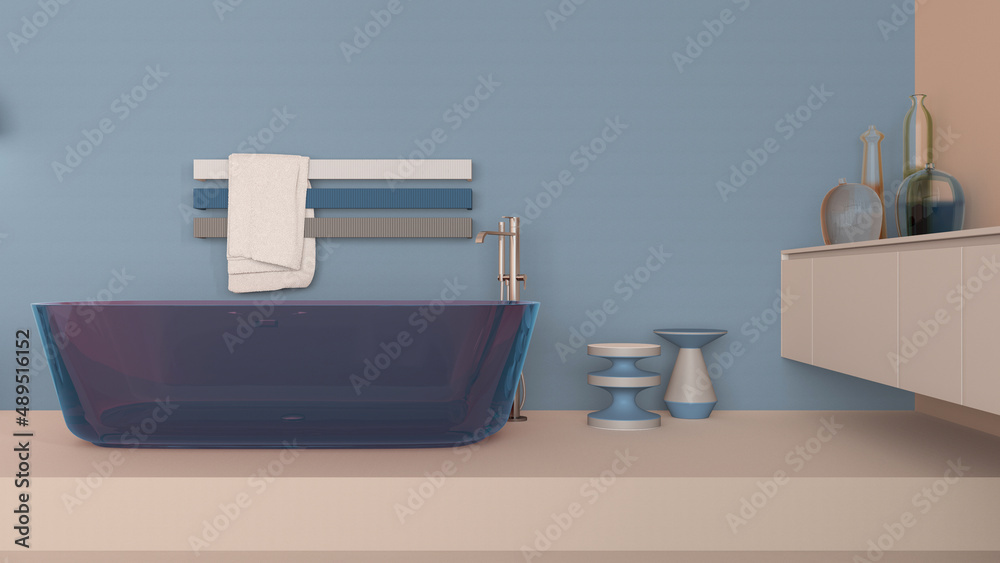 Showcase bathroom interior design in beige and blue tones, glass freestanding bathtub. Cabinet with vases, minimalist rack towel, side tables and decors. Contemporary project concept Showcase bathroom interior design in beige and blue tones, glass freestanding bathtub. Cabinet with vases, minimalist rack towel, side tables and decors. Contemporary project concept