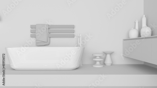 Total white project, showcase bathroom interior design, glass freestanding bathtub. Cabinet with vases, minimalist rack towel, side tables and decor. Contemporary project concept