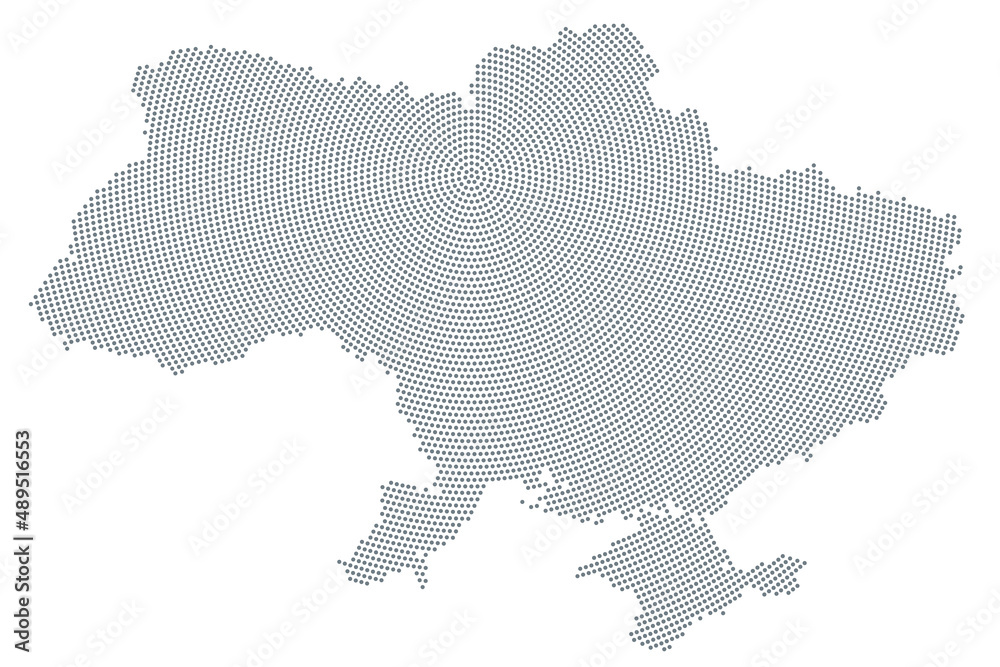 Ukraine map, radial dot pattern. Gray dots going from the capital Kyiv (also called Kiev) outwards and form the silhouette of the Eastern European country. Isolated illustration on white background.