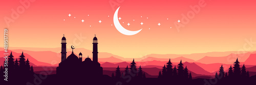 ramadhan kareem night with mosque silhouette flat design vector illustration good for wallpaper, background, backdrop, banner, template and design