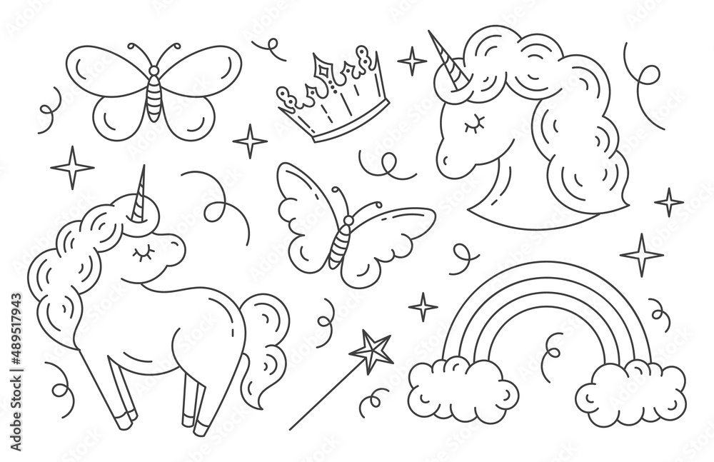 A set of children's illustrations, stickers with unicorns in the style of doodle, cartoon. Isolated on a white background. Horses. A set of children's illustrations, stickers with unicorns in the style of doodle, cartoon. Isolated on a white background. Horses.