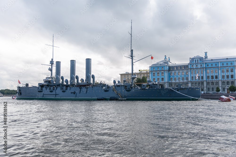 The cruiser Aurora in St. Petersburg. legendary warship moored at the Petrogradskaya embankment of the northern capital. the symbol of the northern capital. Russia, Saint Petersburg, 07.20.2020