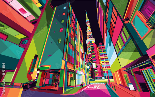 Geometric Tokyo Tower Night Street View Pop Art