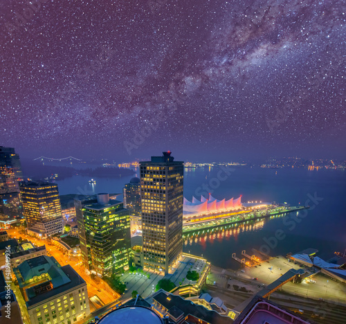 Aerial view of Canada Place in Vancouver on a starry night, British Columbia