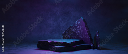 Obraz na plátne Elegant And Luxurious Smoke Atmosphere Platform Stage Smooth Dark Neon Blue Colo