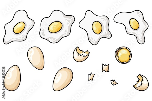 Cute hand drawn set of vector chicken eggs isolated on white background. Collection of whole raw, half broken, fried eggs ang eggshell for packaging, print, fabric, label, menu, textile, wallpaper.