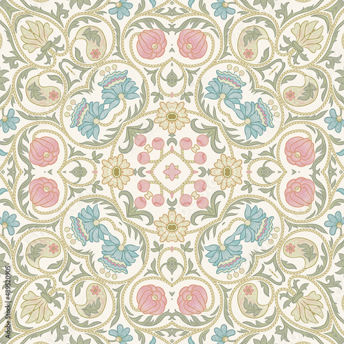 Fantasy flowers in retro, vintage, embroidery style. Seamless pattern, background. Colored vector illustration.