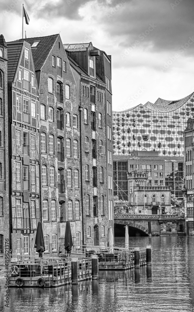 Medieval and modern buildings along Zollkanal in Hamburg, Germany.