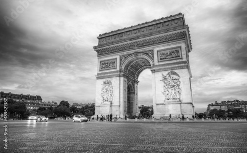 Night view of Triumph Arch and Etoile Roundabout in Paris, France