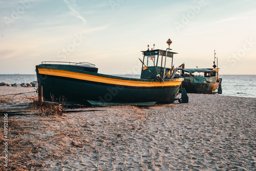 Fishing boat on the beach in Gdynia Orlowo. Baltic Sea, Poland