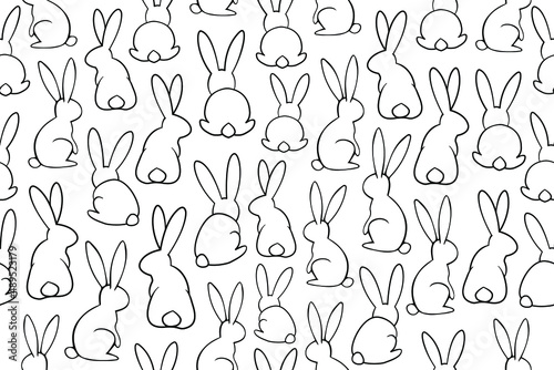 Seamless bunny pattern. Black and white wild bunnies in different position. Outline illustrations  vector line art rabbits with black thin line..