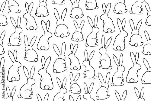Seamless bunny pattern. Black and white wild bunnies in different position. Outline illustrations, vector line art rabbits with black thin line..