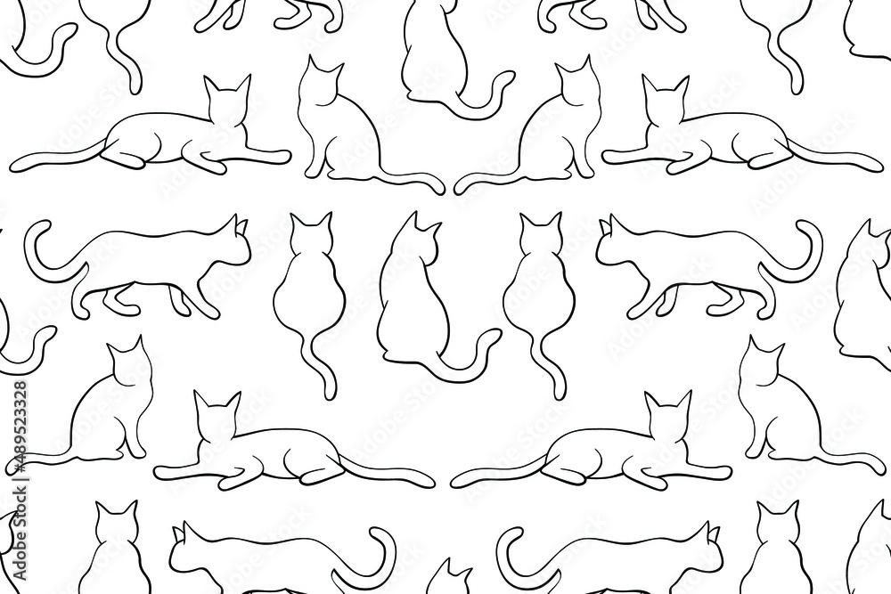 Seamless black and white outline cat pattern. Cats with black thin line art on black background. Seamless cats repeating vector pattern.
