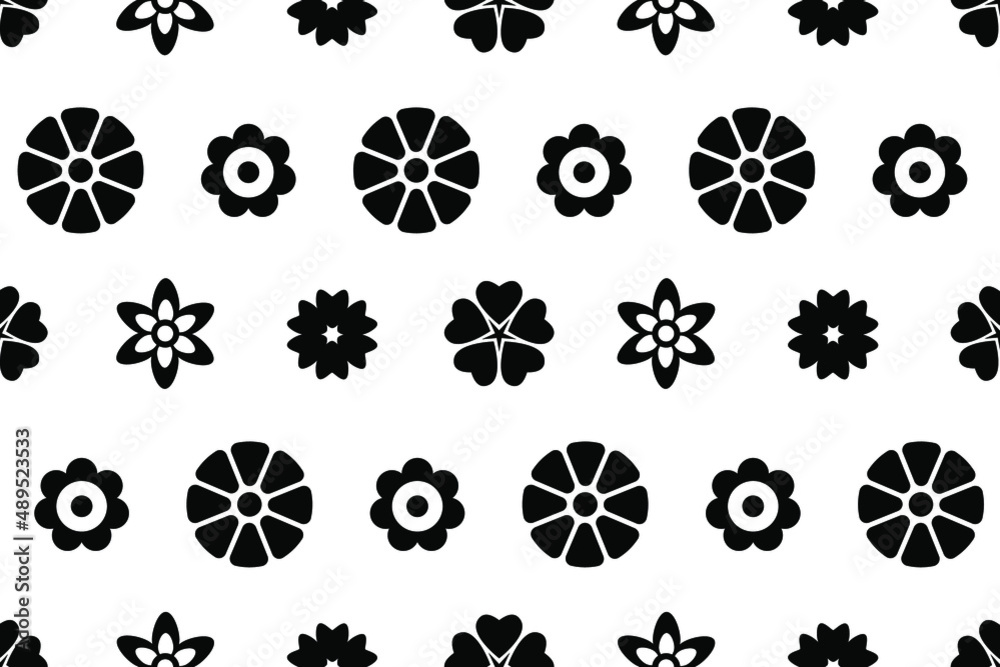 Flat floral pattern. Black and white flowers repeating pattern. Vector creative pattern for wrapping, textile, covering, printing and other design projects. Flat floral pattern. Black and white flowers repeating pattern. Vector creative pattern for wrapping, textile, covering, printing and other design projects.