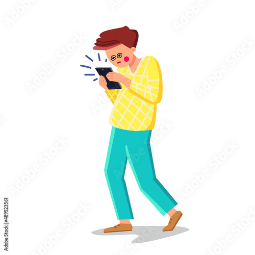 Man With Addiction Mobile Phone Gaming Vector. Young Boy With Addiction Smartphone Chatting Or Playing Game, Using Application Or Searching Information In Internet. Character Flat Cartoon Illustration