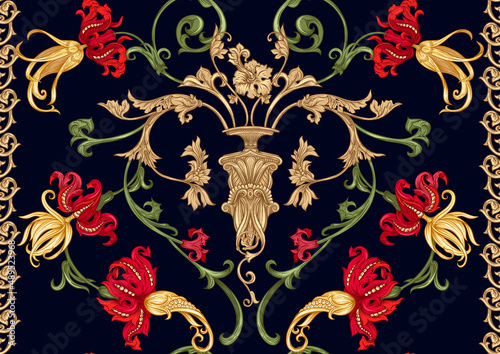 Classical luxury old fashioned royal baroque, historical ornament with lilies, victorian floral Seamless pattern, background. Vector illustration.