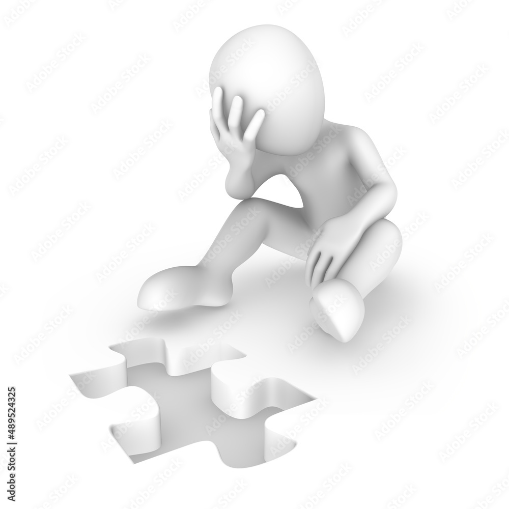 Sad 3d white man with jigsaw puzzle piece Sad 3d white man with jigsaw puzzle piece