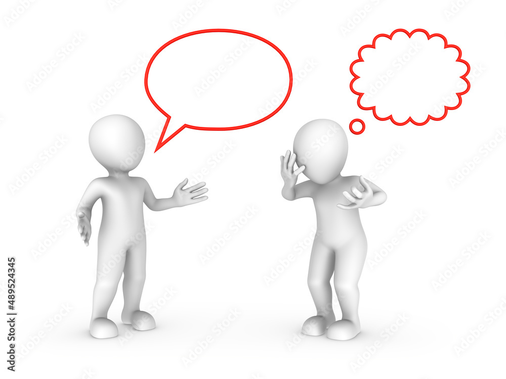 3d talking people with speech bubble and tinnk cloud above. 3d talking people with speech bubble and tinnk cloud above.
