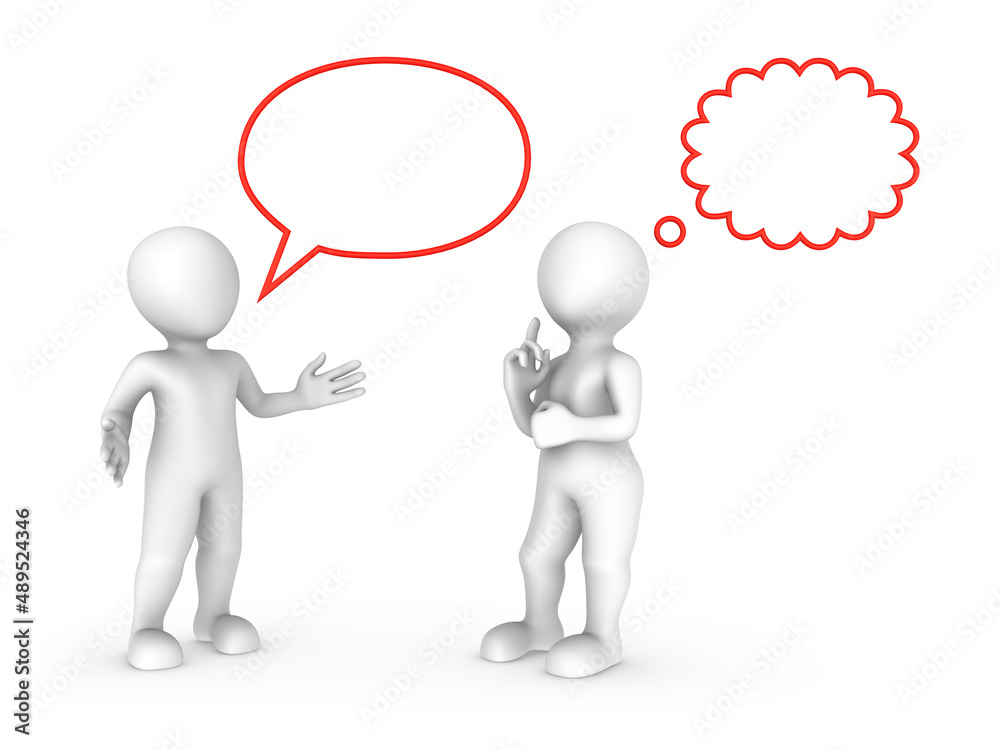 3d talking people with speech bubble and tinnk cloud above. 3d talking people with speech bubble and tinnk cloud above.