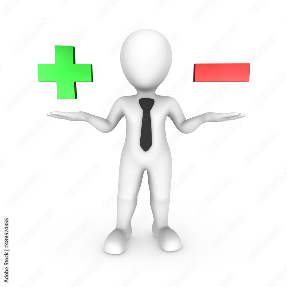 3d businessman weighs the green plus sign and the red minus sign 3d businessman weighs the green plus sign and the red minus sign