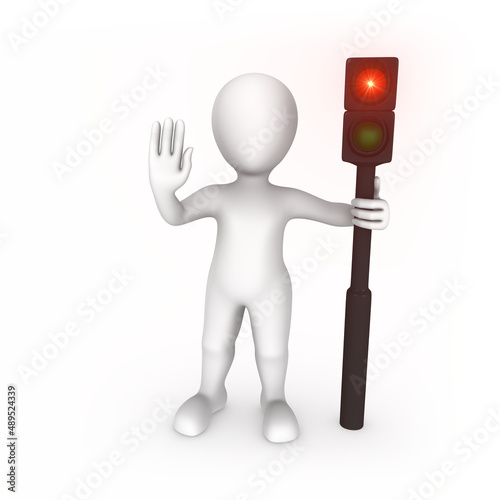 3d rendered white man with the red traffic light