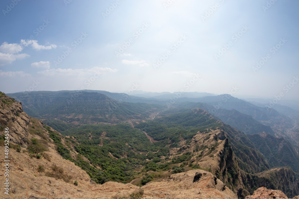 The view from Elphinstone point  at Konkan region mountains. Mahabaleshwar, Maharashtra, India
