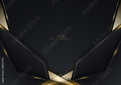 3D modern luxury banner template design black geometric and shiny golden line with lighting sparking on dark background