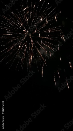 In the night sky, explosions of colorful fireworks scatter sparks, flashes of bright light leave dense smoke. Real fireworks celebration, colorful New Year fireworks vertical 4K 30 FPS video.