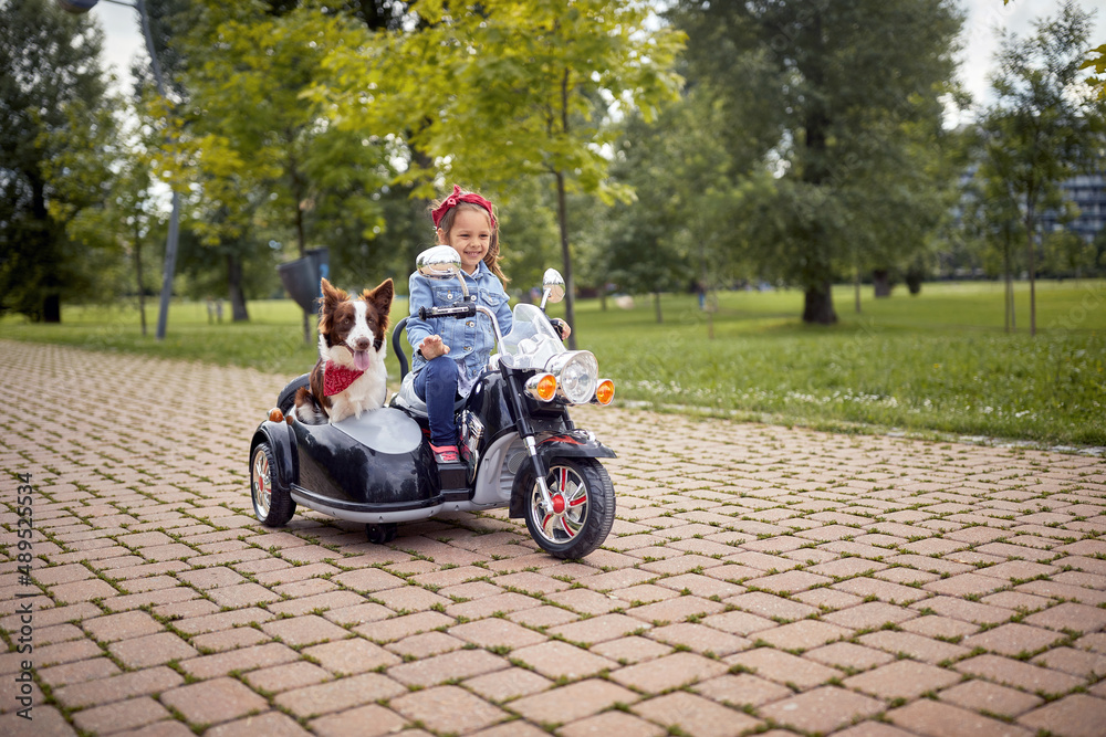 little girl driving electrical motorcycle toy with a sidecar with a dog in it little girl driving electrical motorcycle toy with a sidecar with a dog in it