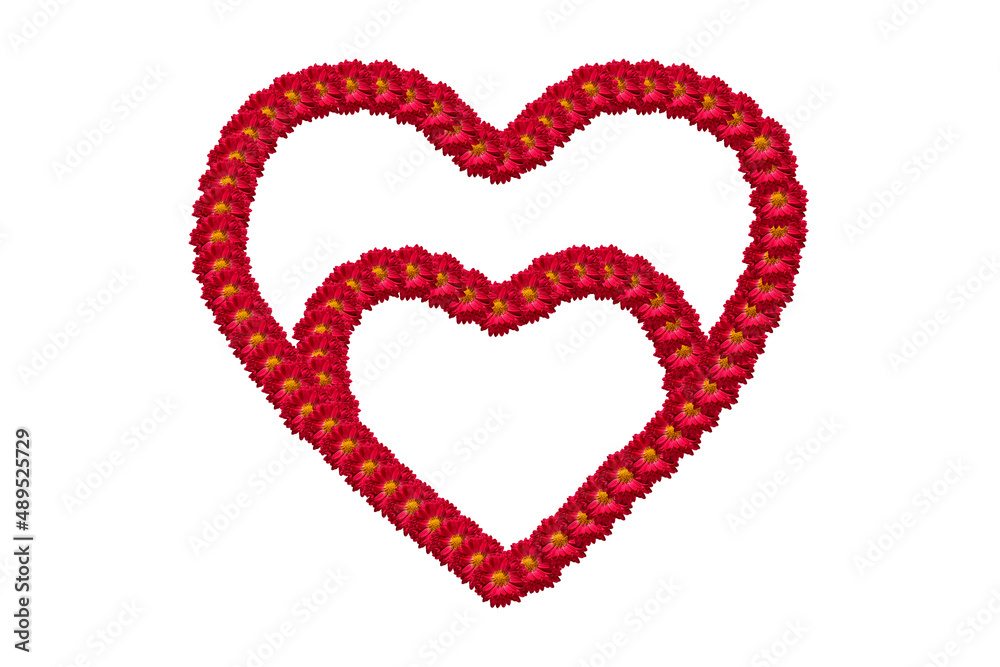 Two hearts joined together as a symbol of love, family. Contours of hearts lined with flower buds isolated on white. Flower hearts as a symbol of loyalty