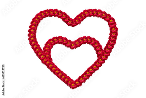 Two hearts joined together as a symbol of love, family. Contours of hearts lined with flower buds isolated on white. Flower hearts as a symbol of loyalty