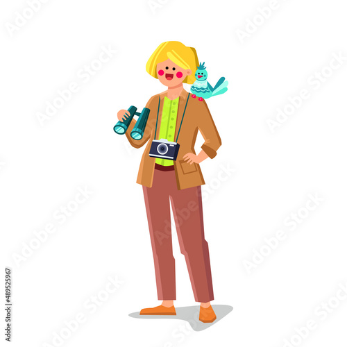 Ornithologist Woman Research And Look Bird Vector. Ornithologist Young Lady With Binoculars And Photo Camera Birdwatching And Researching. Character Hobby Of Nature Flat Cartoon Illustration
