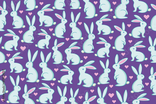 Seamless Easter pattern. Cute white bunnies with hearts seamless repeating pattern. Cartoon illustrations of cute white rabbits on purple background with pink hearts. 