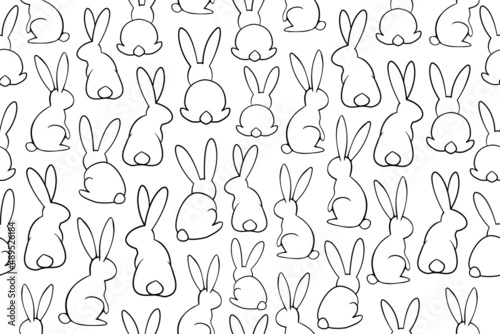 Seamless bunny pattern. Black and white wild bunnies in different position. Outline illustrations  line art rabbits with black thin line..