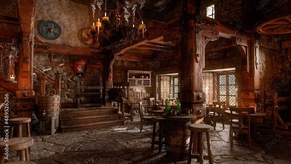 Dark moody medieval fantasy tavern inn bar with candles burning and daylight coming through windows. 3D rendering. - obrazy, fototapety, plakaty 