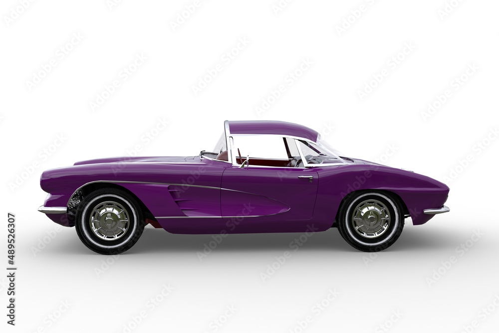 Vintage retro two seater roadster sports car with purple paintwork. 3D rendering isolated on white background.